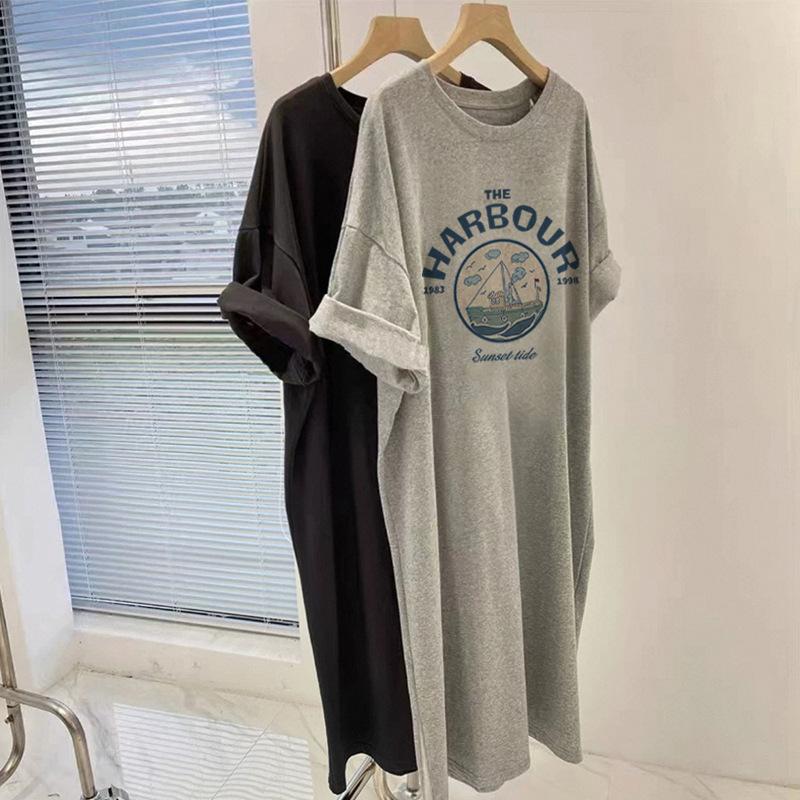 White Dress Loose Cotton Short-sleeved Long T-shirt Women's Skirt Fat Belly and Thin Large Size Split Skirt