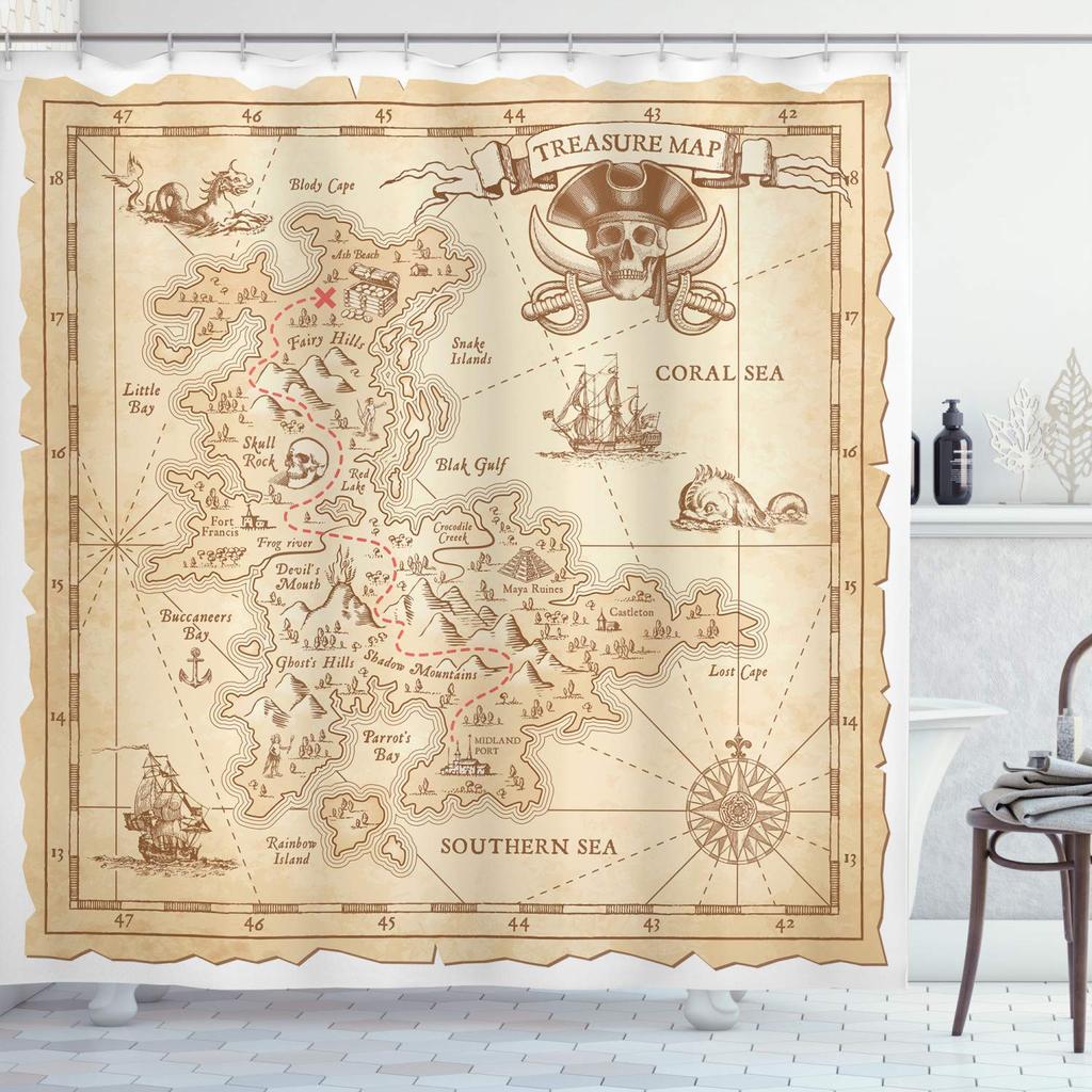 Maritieme Eilandkaart Douchegordijnen, Vintage Oude Kaart Piratenschip Decor Polyester Oceaan Oude Piraten Schatkaart Douchegordijn