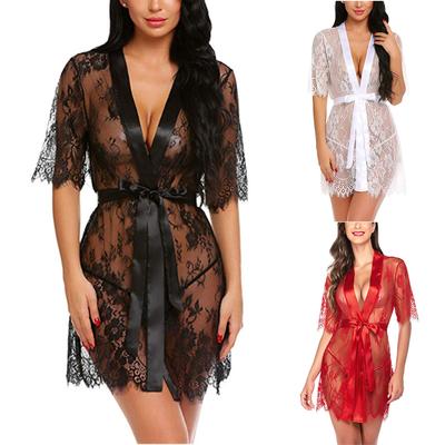 Fashion Women Sexy Dressing Gown Babydoll Lace Lingerie Belt+G-string Bath Robe