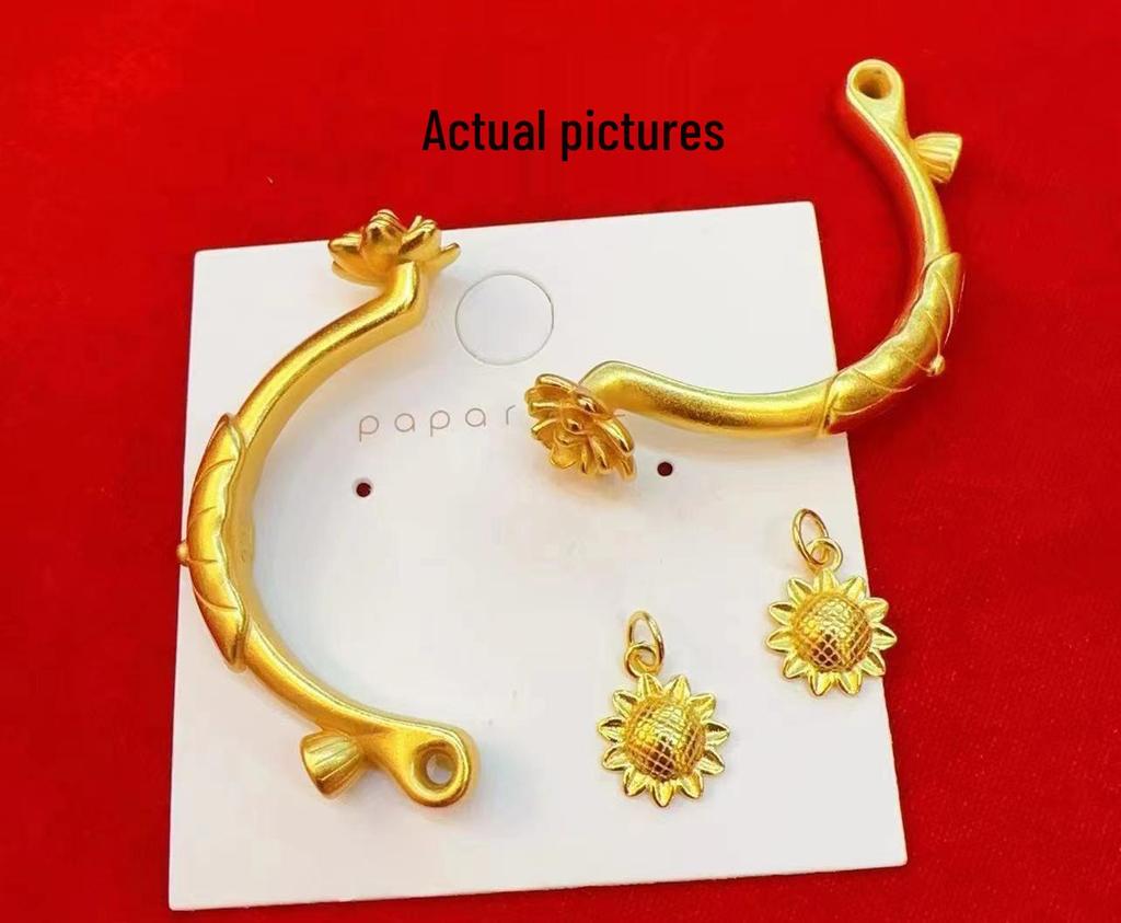 Lotus Seed Pod Half-Bangle Bracelet In Gold with Sunflower Accents and DIY Braided Rope Design