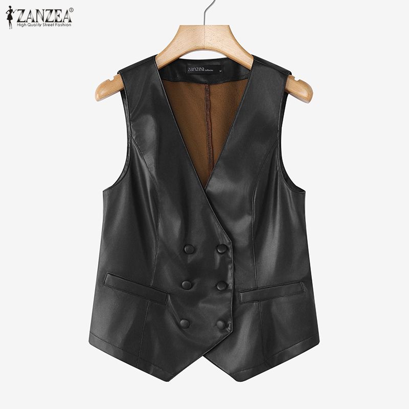 ZANZEA Women Casual V-Neck Sleeveless Faux PU Leather Cardigan Vest