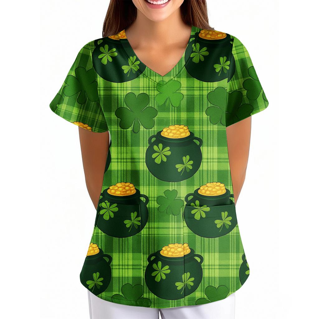 Women's  Printed Loose V-Neck Pocket Short-Sleeve Uniform