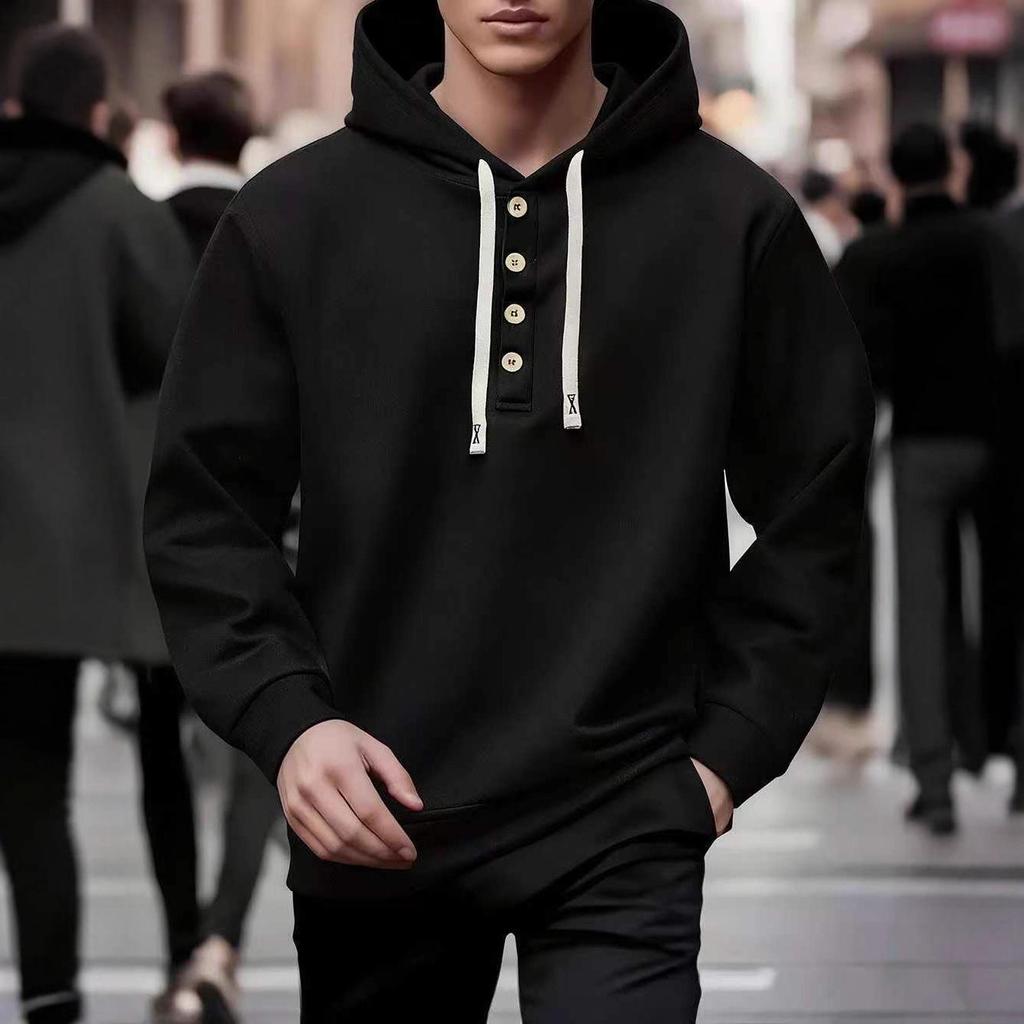 E-commerce Spring/Autumn Men's Fashion Hoodie with Buttoned Collar - Casual European & American Style
