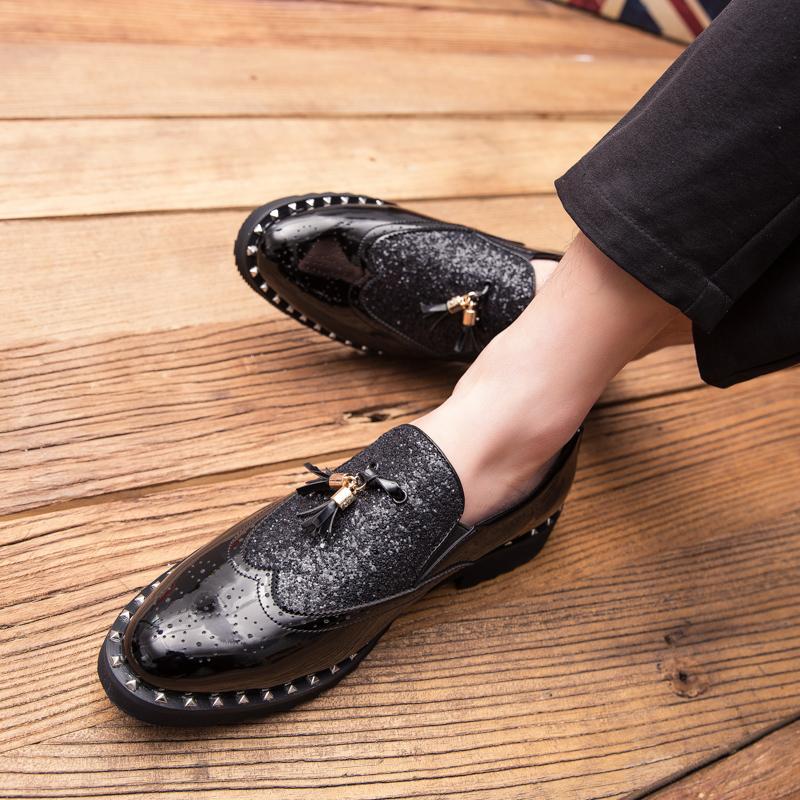 Men's Gold Tasseled Loafers Gold Dress Wingtip Shoes Stylish Leather Prom Blazers Dance Disco Party Shoes Large Size