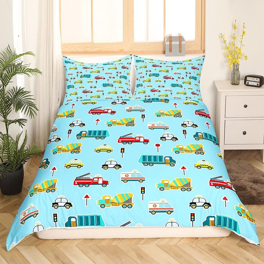 Policeman Car Duvet Cover King Queen Size Cartoon Black Police Car Bedding Set Boys Red Blue Cop Lights 2 3pcs Polyester