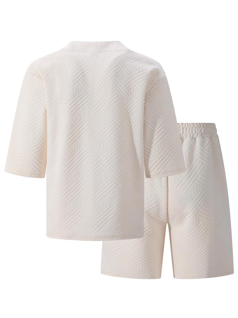 Men's V-neck Jacquard Casual Shirt & Shorts Set - Solid Color, Short-sleeve, Versatile