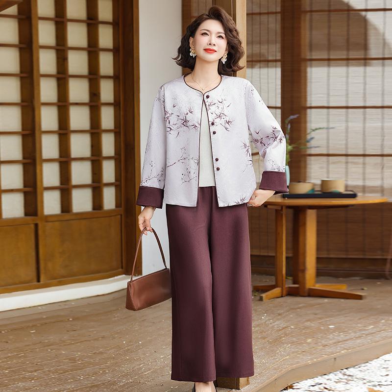 

Mother s Day Spring Chinese Style Suit: Frog Button Jacket and Pants Set for Middle-aged Women 2XL (Recommended 105-120 lbs)