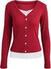 2025 Versatile V-neck Button Ribbed Lace Patchwork Long Sleeve Women's Top