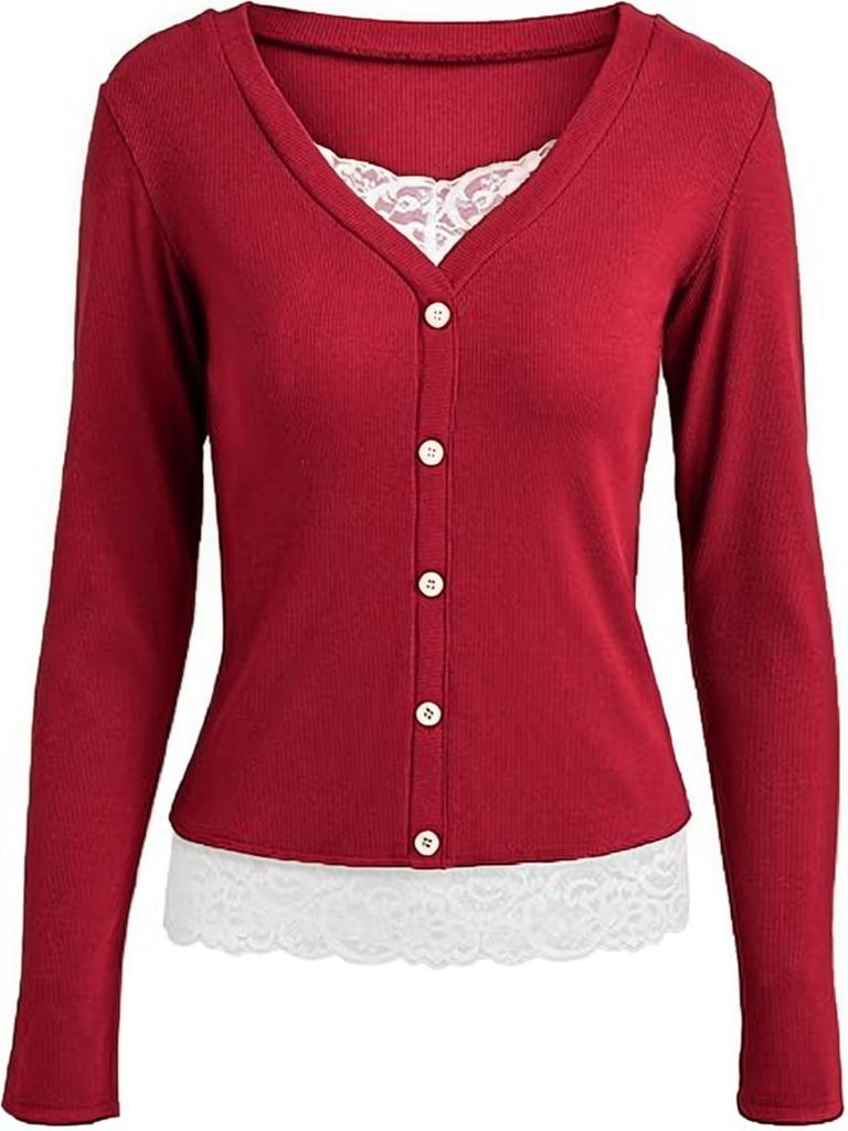 2025 Versatile V-neck Button Ribbed Lace Patchwork Long Sleeve Women's Top