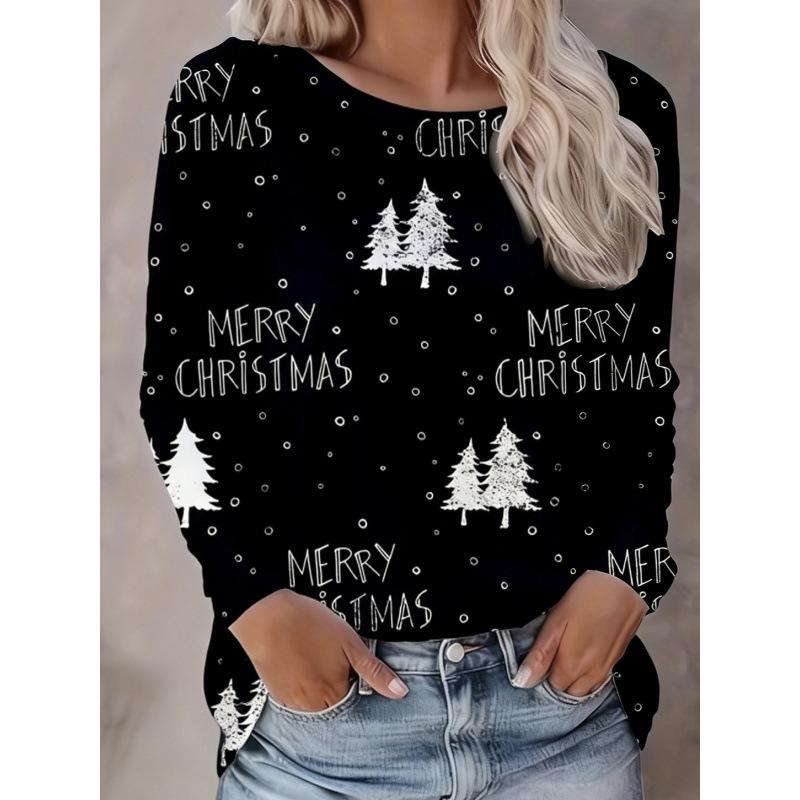 Women's Christmas 3D Printed Crew Neck Long Sleeve T-Shirt Fashion Versatile Trend Breathable Casual