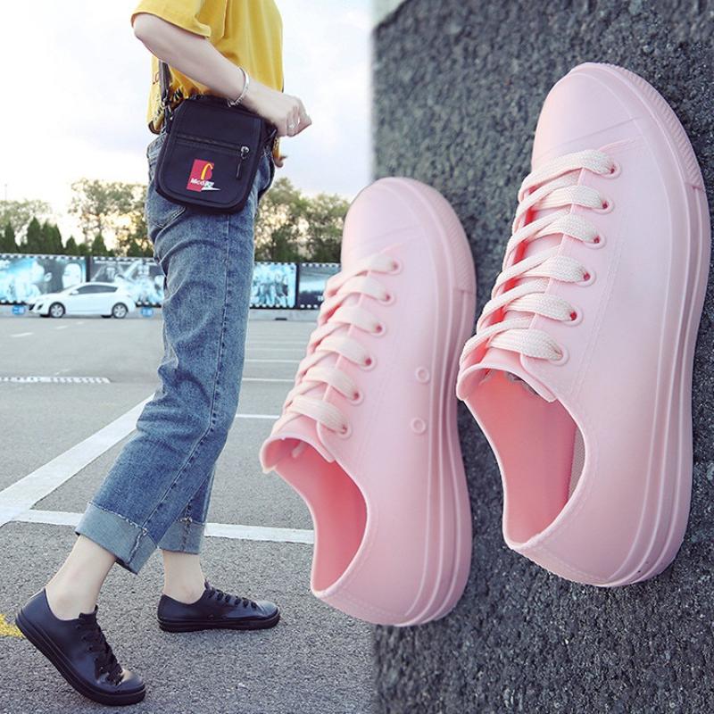 Snoepkleur Regenlaarzen Dames Veterschoenen Wit Waterdichte Regenlaarzen Lente en Zomer Dames Casual Schoenen Rubber Regenlaarzen