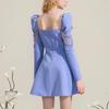 Chic Blue Retro French Square Neck Puff Sleeve Dress with Bow, 2024 Spring/Autumn.