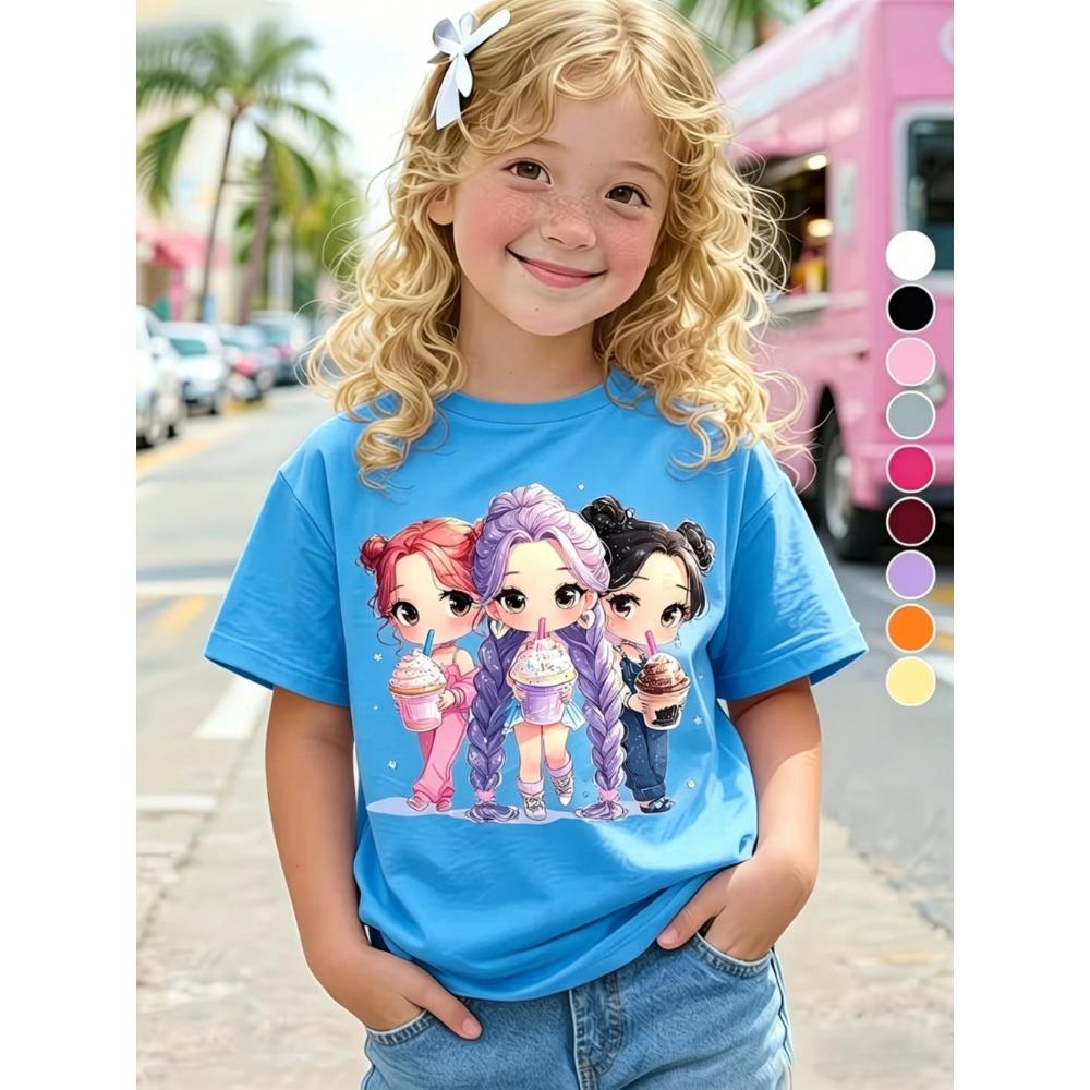 Children's Kpop Popular Cartoon Print T-Shirt Tops Clothing Design Casual Harajuku Style Round Neck Short Sleeve Girl Clothing