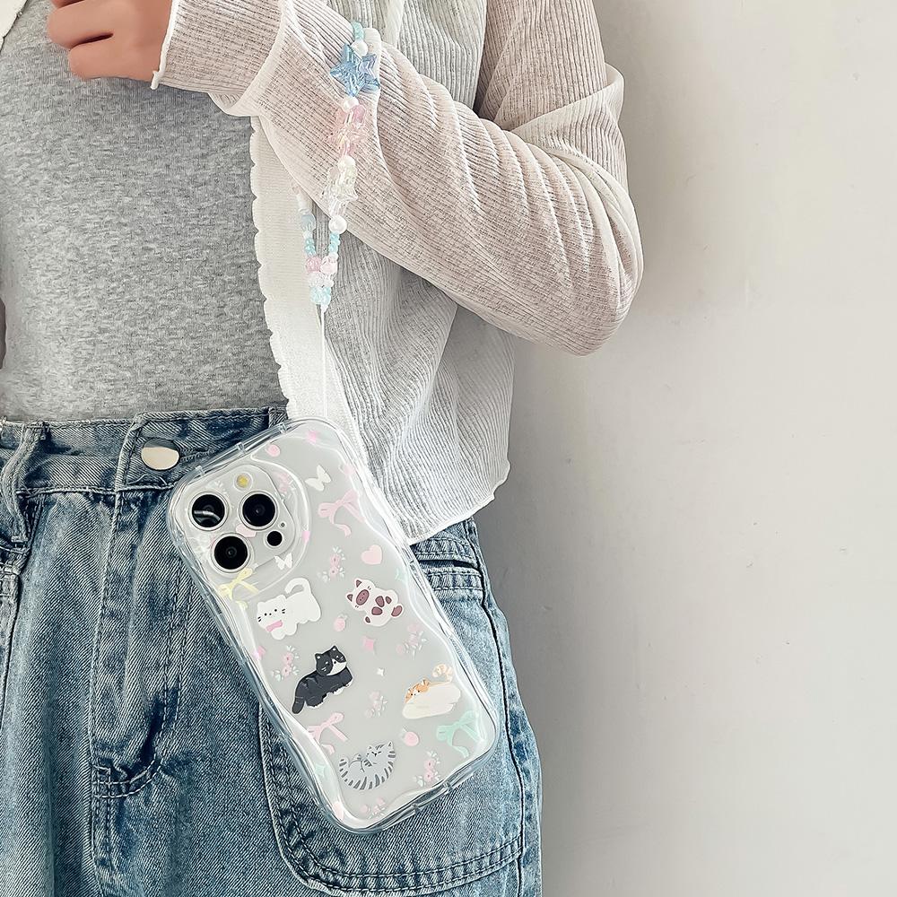 Wrist Chain Phone Case For iPhone 15 14 13 12 11 Pro Max 6 7 8 Plus XS Max XR Cute Cat Star Bead Bracelet Strap Lanyard Cover