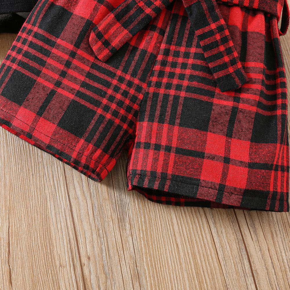 Girls Fashion Outfit Plaid Heart Embroidery Flutter Sleeve Top and Shorts 3 Piece Set