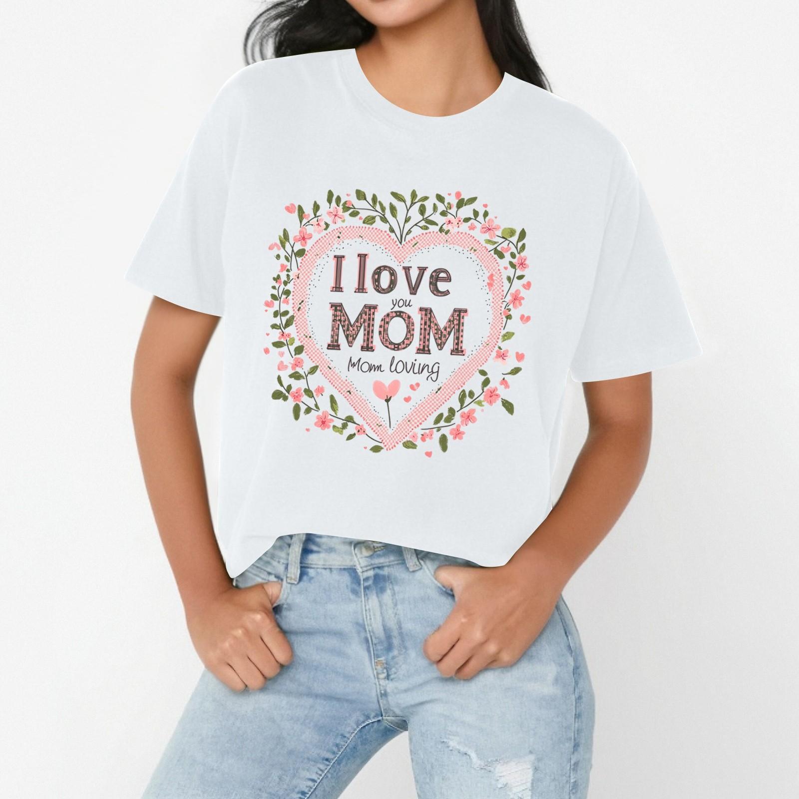 

I LOVE MOM Women s Casual Mother s Day Print Loose T-shirt Round Neck Pullover Short Sleeve Top XL білий