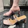 Summer 2025 Women's Large Size Chunky Heel Square Toe Slip-On Sandals Pure Color Block Flat Rooster Head Casual Slippers
