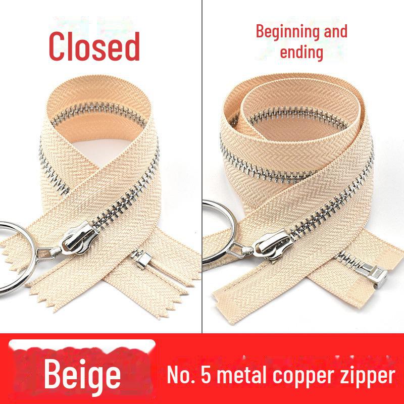 No. 5 Copper Zipper with Silver Teeth and Large Ring Pull for Leather Pants, Skirts, and Luggage, 20-40cm