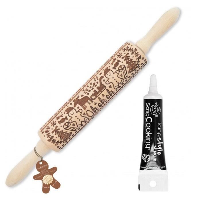 Rouleau à pâtisserie - Bonhomme en pain d'épice - 39 cm - Bois - Stylo glaçage noir - Relief biscuits