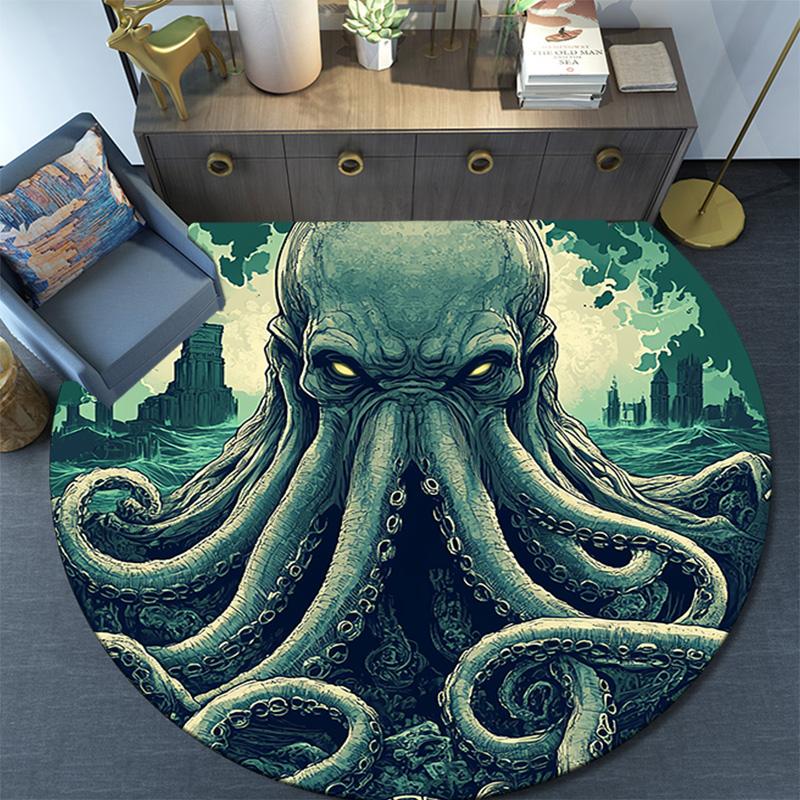 Green Octopus Round Area Rug,Carpet Rug for Living Room Bedroom Sofa Playroom Decor,Non-slip Floor Mat