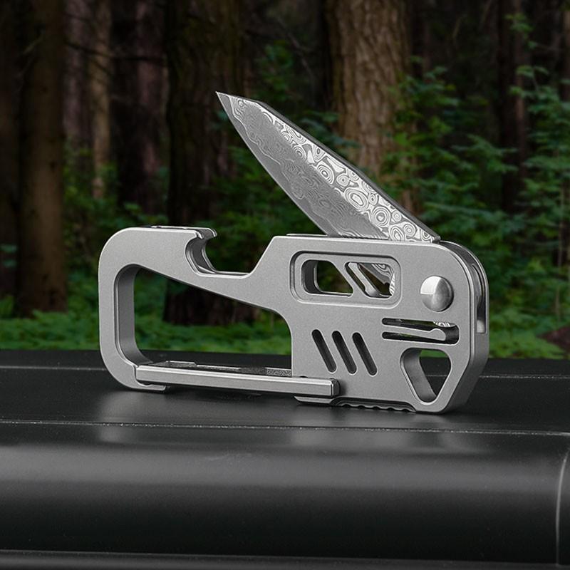 Titanium Alloy Folding Knife Damascus Blade D2 Portable Buckle Keychain Pocket Knife Outdoor Survival EDC Multitool for Men Gift