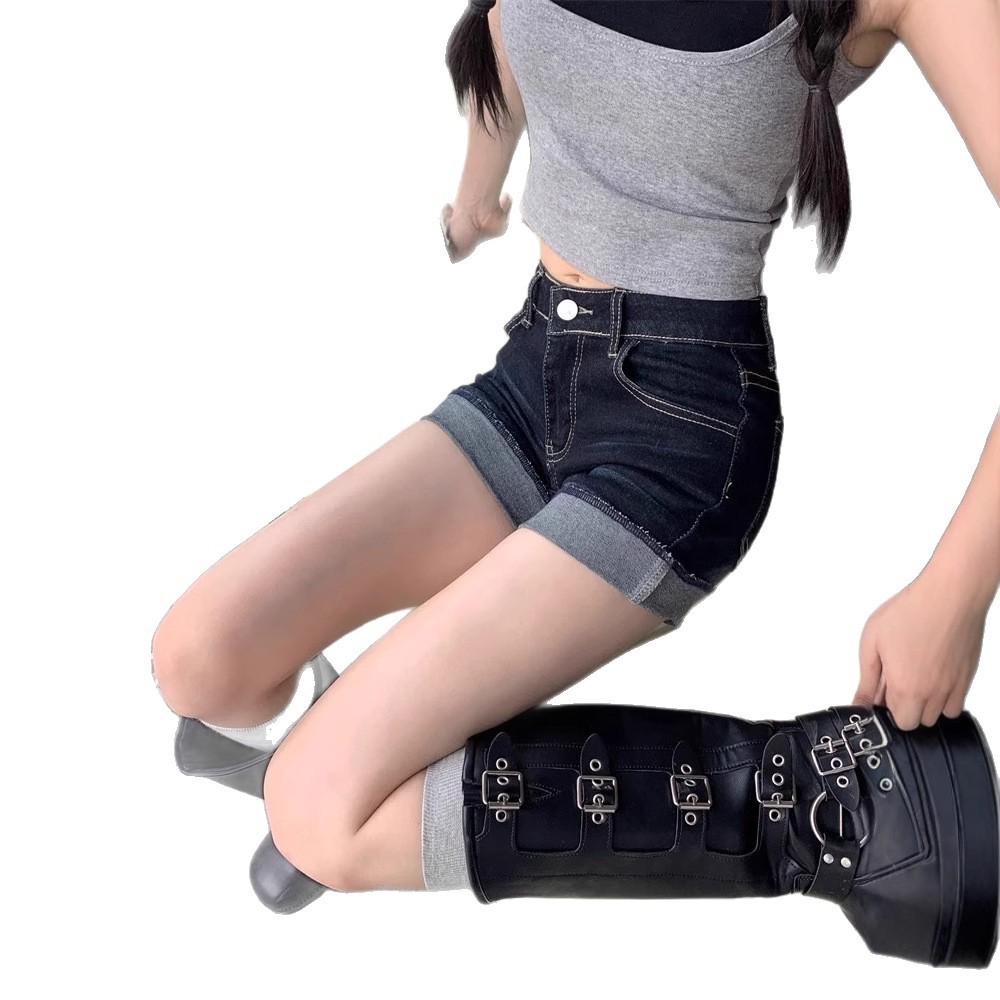 Spicy Girl Retro Dark Blue Hip-Hugging Denim Shorts: Slimming, Rolled Hem, Summer Style