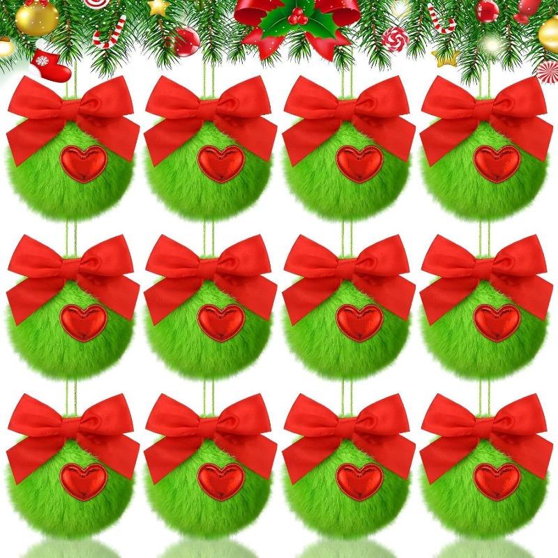 12pcs/set Bow Pom-pom Christmas Decor Set Christmas Stocking Pendant Green Hairpin Rabbit Green Ball Christmas Tree Ornament