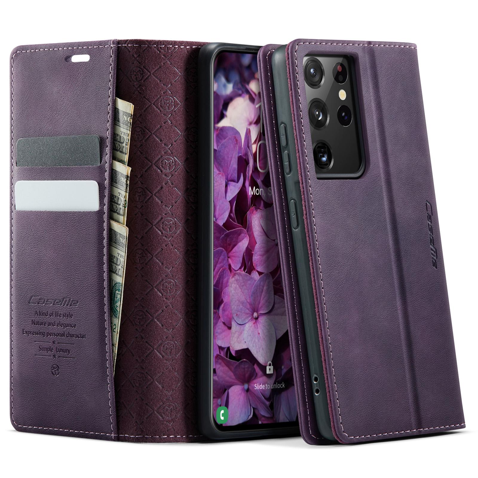 

For Samsung Galaxy S21 Ultra 5G Case CASEME 033 Series RFID Blocking Wallet Stand Calf Texture Leather Phone Cover E
