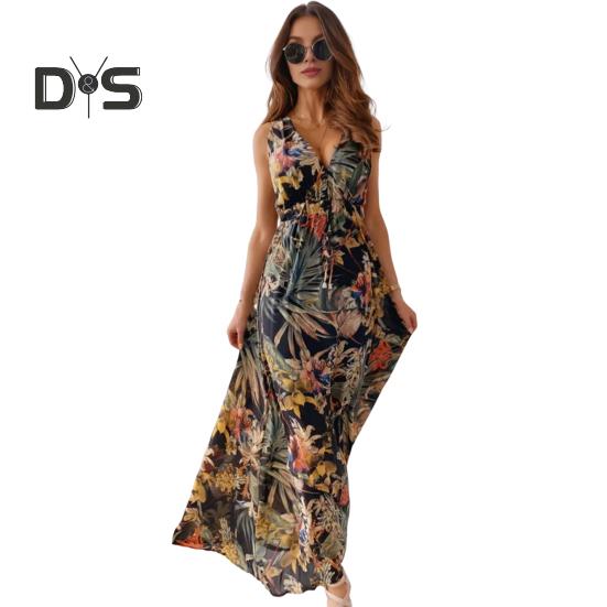 

Женское платье для отпуска Без рукавов V-образный вырез спинки Цветочный принт Высокая талия Завязка Пляжное платье Макси-платье в стиле бохо M чёрный