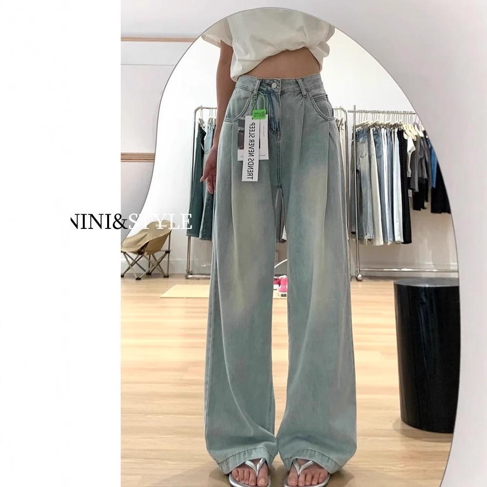 Light Blue Wide-Leg Pleated High-Waisted Jeans - 2025 Spring/Summer Collection Large (L)