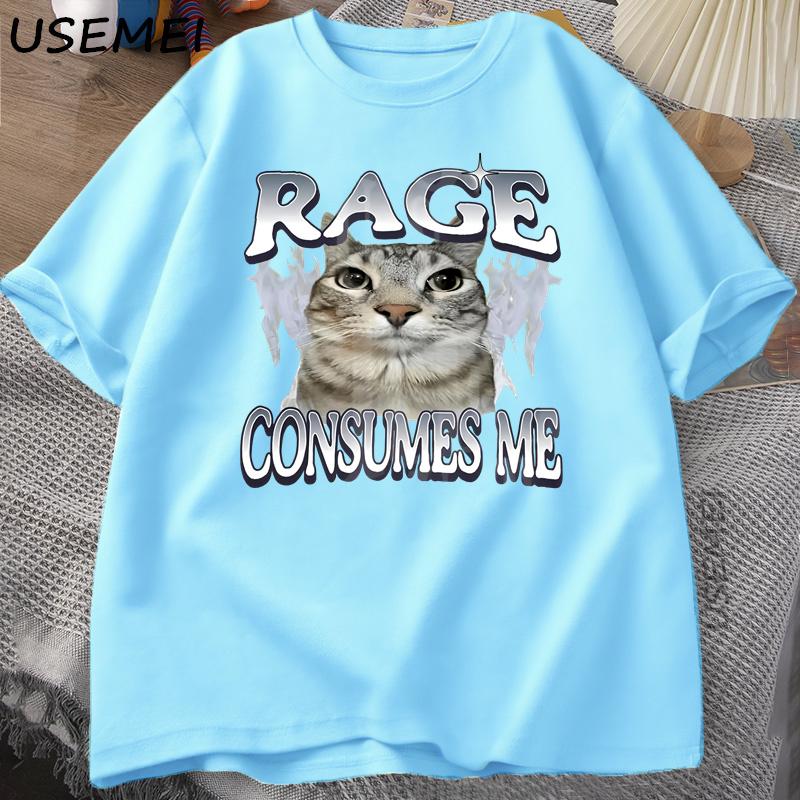 Rage Consumes Me Cat T Shirt Funny Cat Meme Printed TShirt Vintage Unhinged Silly Cat Graphic Tee Humor Cotton Short Sleeve Tee