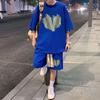 2Pcs/Set Men Summer Outfit Round Neck Short Sleeve Tops Wide Leg Shorts Set Heart Pattern Loose Fit Tracksuit