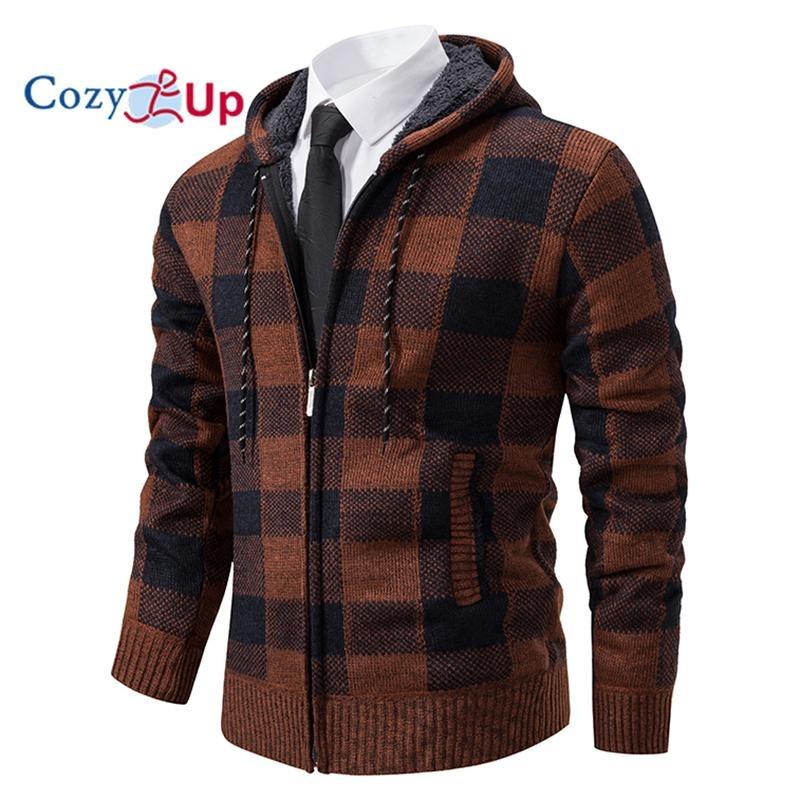 Cozy Up Men Sweater Coat  Autumn Winter Thick Warm Hooded Plaid Wool Sweater Cardigan  Zipper Fleece Coat Men