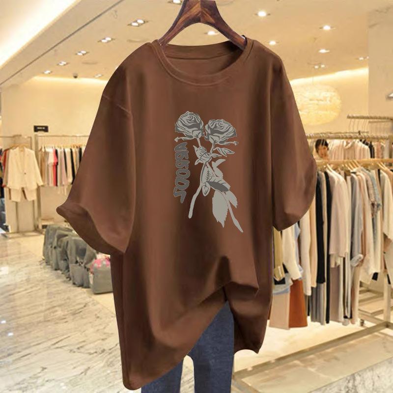 

Pink T-shirt women s short-sleeved loose cotton top 2025 new spring, autumn and winter medium and long large size bottoming shirt XXXL