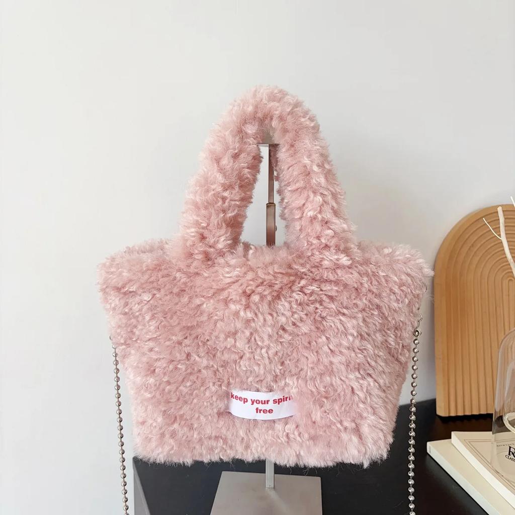 Casual Soft Plush Women's Handbags Tote Purse Simple Furry Ladies Bucket Crossbody Bags Faux Lamb Wool Female Shoulder Bag