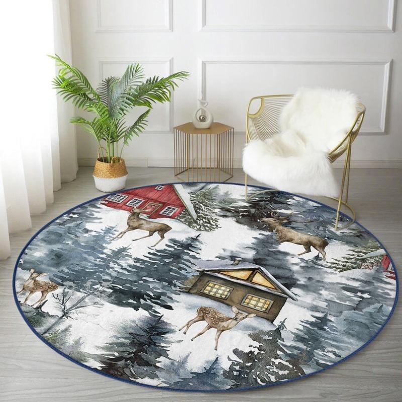 

Vintage Christmas Print Round Mat, Stain Resistant Non-Slip Carpet for Dining Room, Retro Holiday Home Decor Rug Diameter 60cm