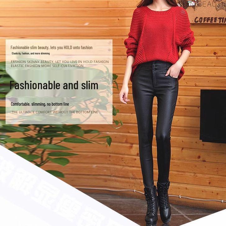 

Women s High Waist Matte PU Leather Bootcut Pants with Velvet Inner Lining - Slimming and Versatile Style for 2025. M