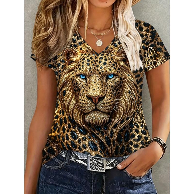 T-shirt estiva casual da donna con scollo a V e maniche corte, con alla moda stampa 3D, adatta per uscite o per stare a casa