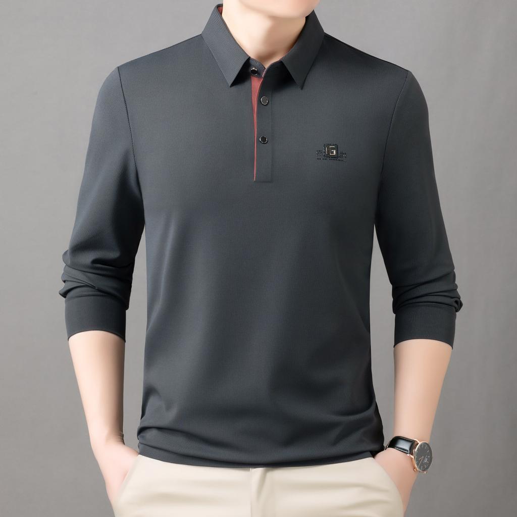 Spring and Autumn Men's Polo Long Sleeved T-shirt Simple Business Casual Loose Top Base Shirt
