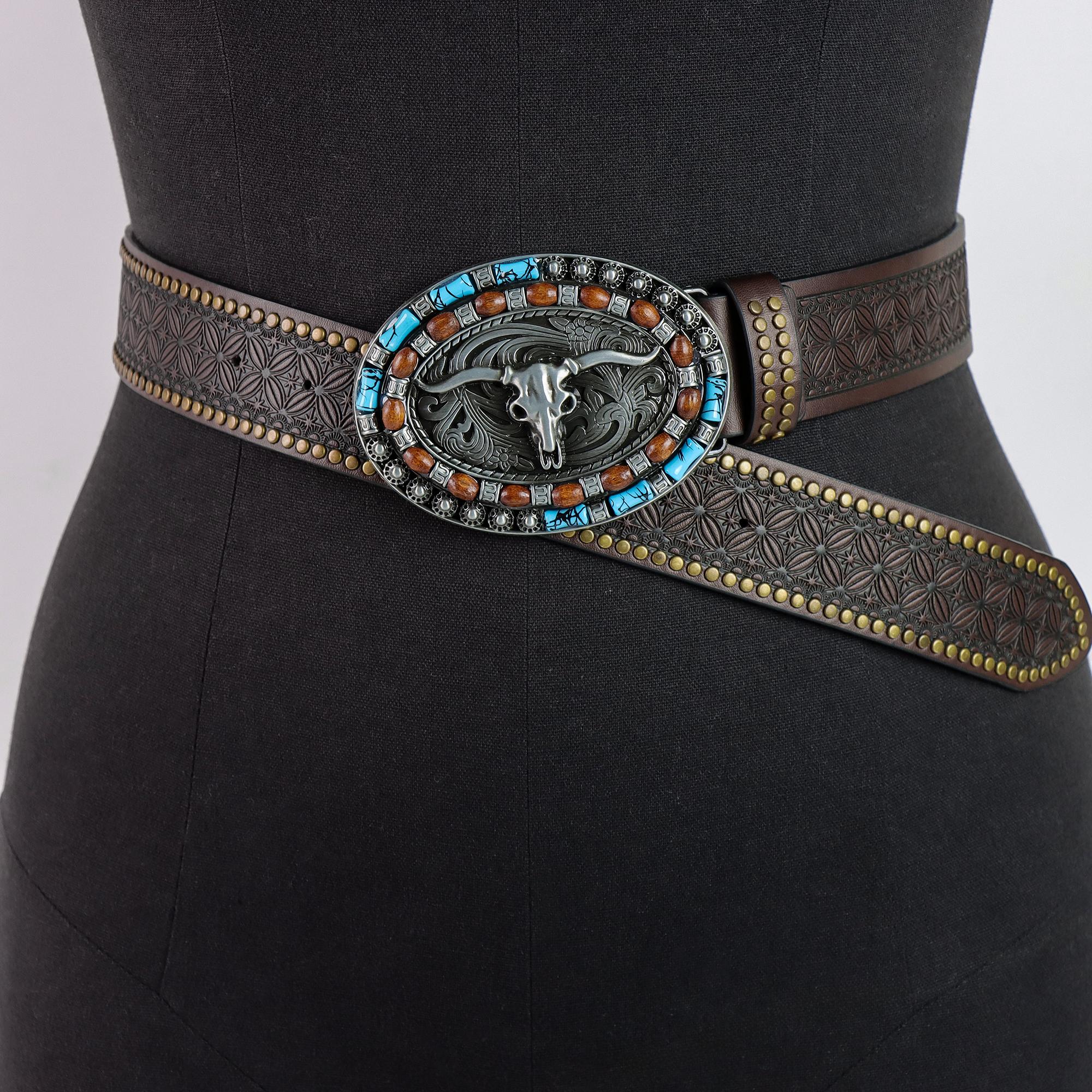 

Винтажные бирюзовые пряжки Ременные ремни Западные с тиснением быка Longhorn Ковбойские кожаные ремни