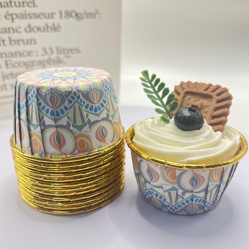 100pcs Bohemian Pattern Middle East Single Sided Gold Muffin Cups Rolled Mouth High Temperature Resistant Thickened Cake Cups