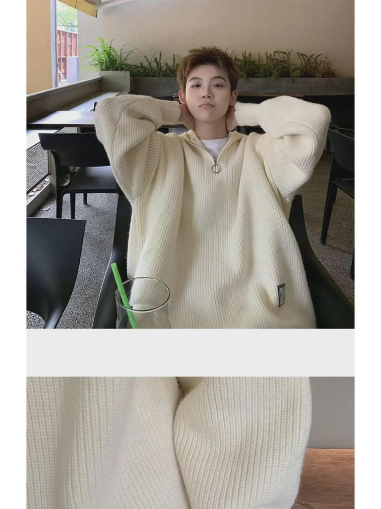 Pánský zimní pletený svetr s kapucí na poloviční zip, volný střih, jednobarevný, ležérní styl pro páry