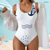 Women Plus Size One Piece Swimsuit Scoop Neck Wide Straps High Cut Blue White Floral Seashell Print