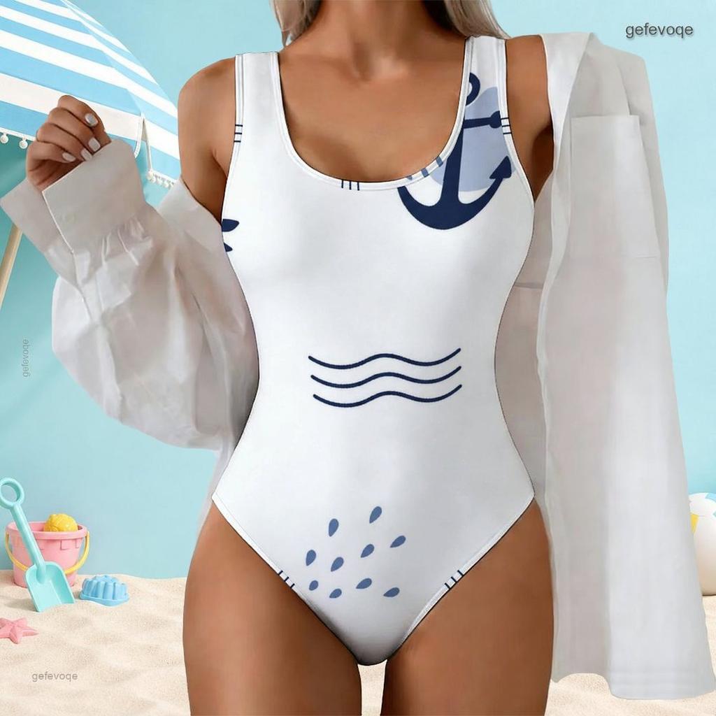 Women Plus Size One Piece Swimsuit Scoop Neck Wide Straps High Cut Blue White Floral Seashell Print