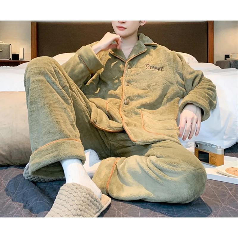 Men's Winter Thickened Flannel Pajama Sets Lapel Fluffy Coat + Long Pants Sleepwear 2 Pieces Male Soft Warm Housewear