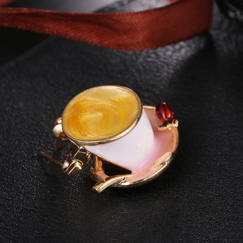 Fashion Coffee Cup Spoon Disc Shape Brooches White Enamel Gold Color Brooch Pins