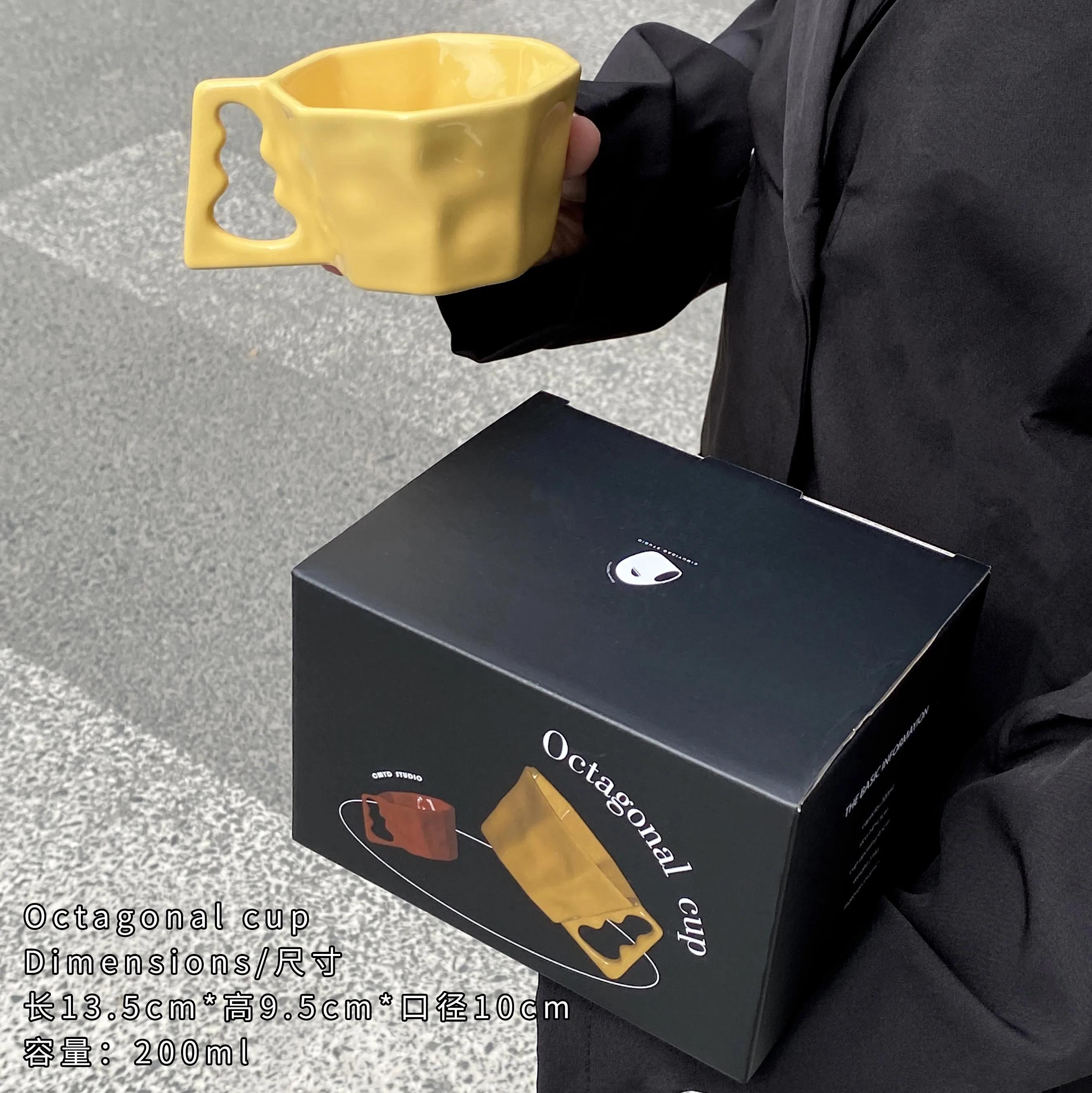 

Кружка керамическая восьмиугольной формы для дома, подарочная коробка, переносное настольное украшение с ручкой, нестандартной формы, скандинавский стиль, креативная, простая 200ml