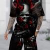 Dark Gothic Men's Set: Skull and Red Rose Print Short Sleeve Shirt and Shorts, Outdoor Street Cool Casual 2pcs Outfit