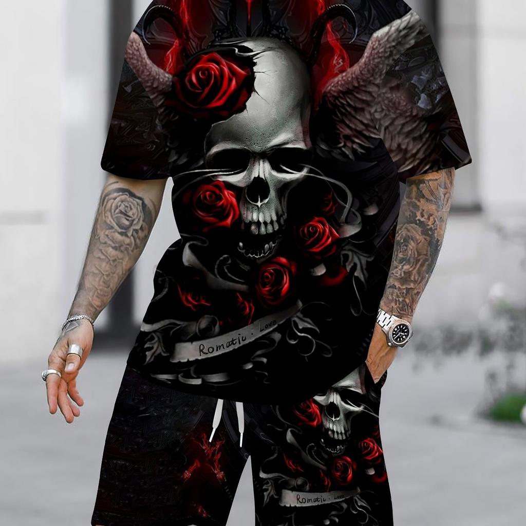 Dark Gothic Men's Set: Skull and Red Rose Print Short Sleeve Shirt and Shorts, Outdoor Street Cool Casual 2pcs Outfit