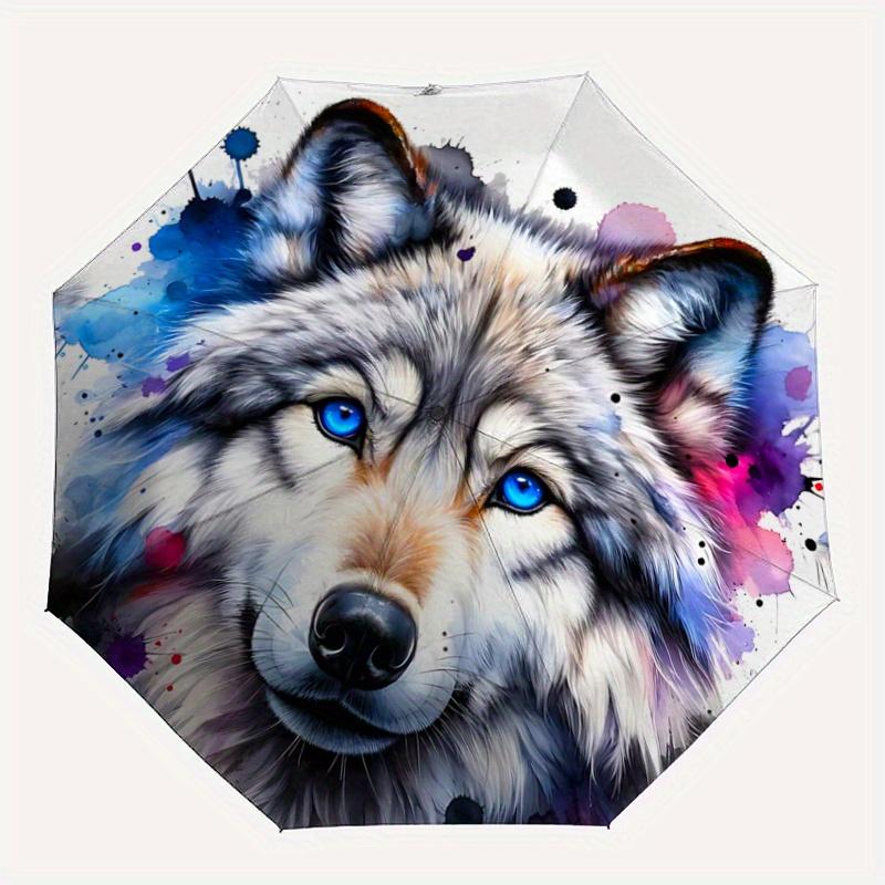 1 Stück Blauäugiger Wolf Vollautomatischer Faltbarer Tragbarer Regenschirm, 8 Eisenstäbe, Dreifach faltbares Design, Geeignet für Alle Jahreszeiten, Geeignet für den Außenbereich